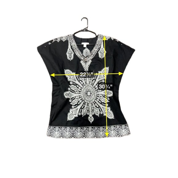 Style & Co Floral Paisley V-Neck Tunic Top Black White Sz 14 Studded Bohemian - Picture 7 of 9